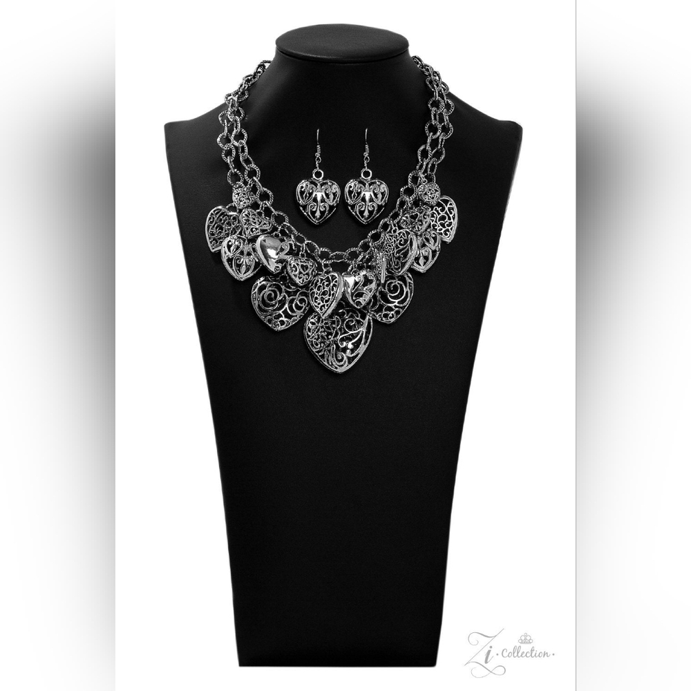 NWT Zi Collection Silver Heart Filigree Necklace with Matching Earrings